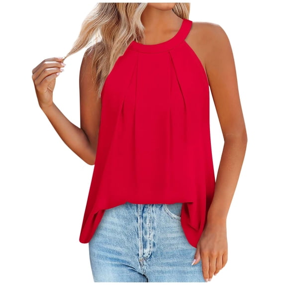 Hfyihgf Summer Halter Neck Tank Tops for Women Pleated Loose Fit Sleeveless Basic Tops Flowy Casual Vacation Cami Shirt Blouse(Red,XL)