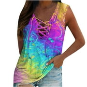 Hfyihgf Tank Tops for Women Summer Trendy Criss Cross V Neck Sleeveless Tee Shirts Tie Dye Cute Print Loose Casual Camisole Tees(Purple,L)