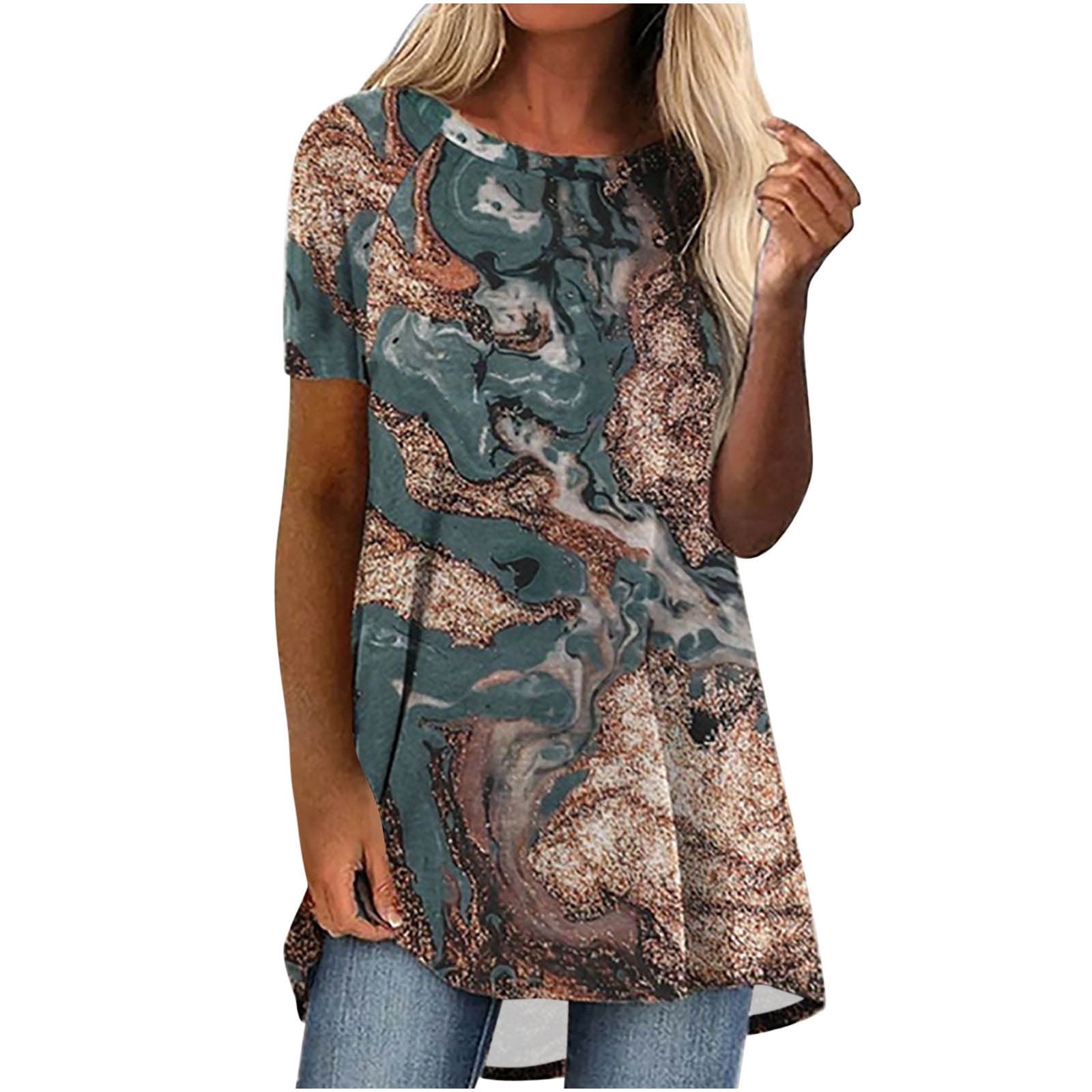 Hfyihgf Tunics for Women to Wear with Leggings Summer Short Sleeve Flowy T  Shirts Casual Trendy Landscape Print Pattern Tops(Green,L) 
