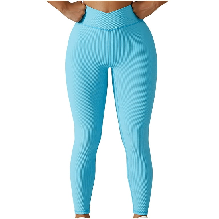 Hfyihgf V Cross Waist Leggings for Women Tummy Control Soft Workout Running  High Waisted Non See-Through Yoga Pants(Blue,M)