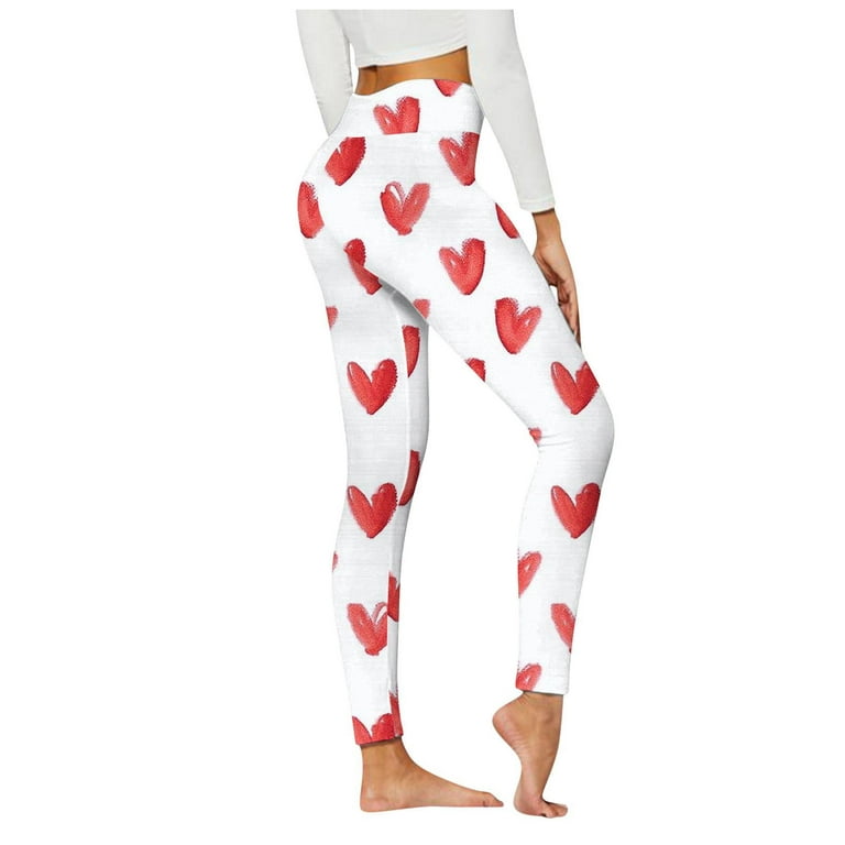 Hfyihgf Valentine's Day Leggings for Womens High Waisted Love Heart Print  Yoga Pants Tummy Control Butt Lift Gym Joggers(01#White,XXL)