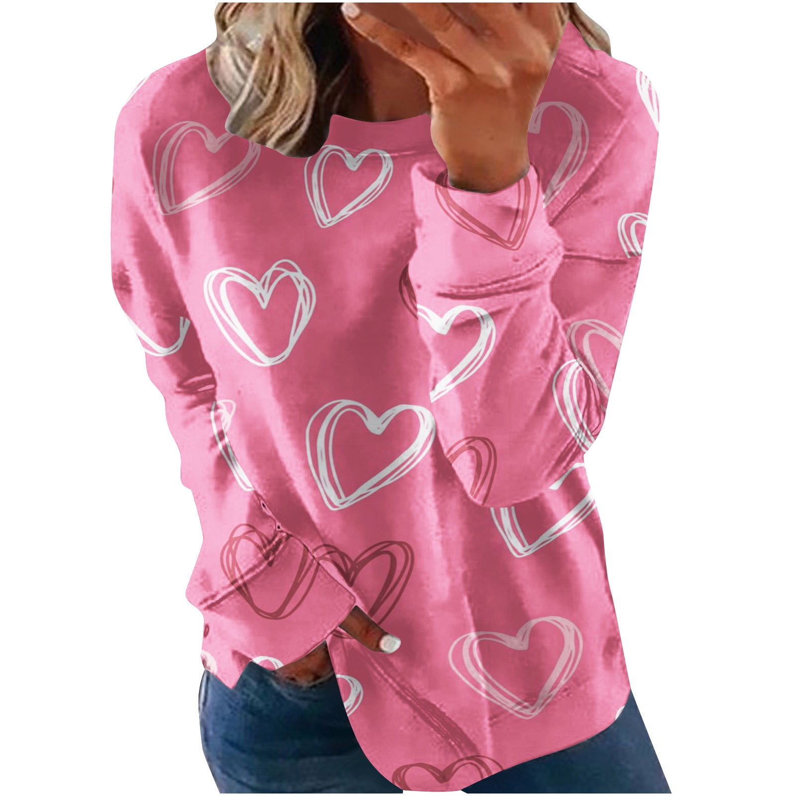 Valentine's Day Sweatshirts for Women, Love Heart Graphic Print Sweatshirt  Loose Crew Neck Pullovers Tees Z22