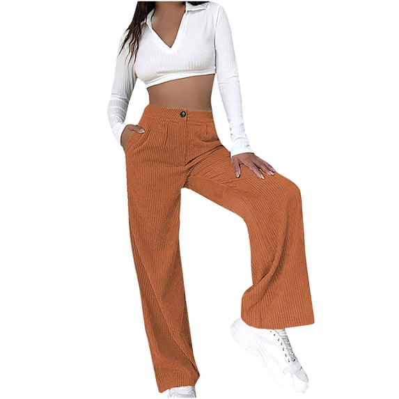 Hfyihgf Vintage Corduroy Pants for Women Straight Wide Leg High Waist Loose Comfy Trousers with Pockets(Orange,3XL)
