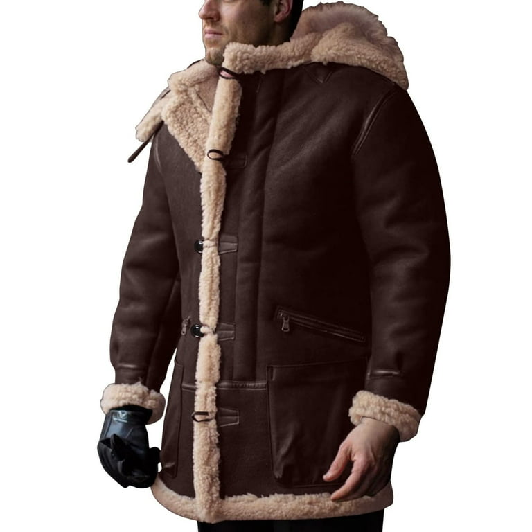 Hfyihgf Winter Coat for Men Suede Leather Sherpa Lined Trucker Jacket Long Thickened Warm Hooded Coats Fuzzy Outerwear with Pockets Coffee M Walmart