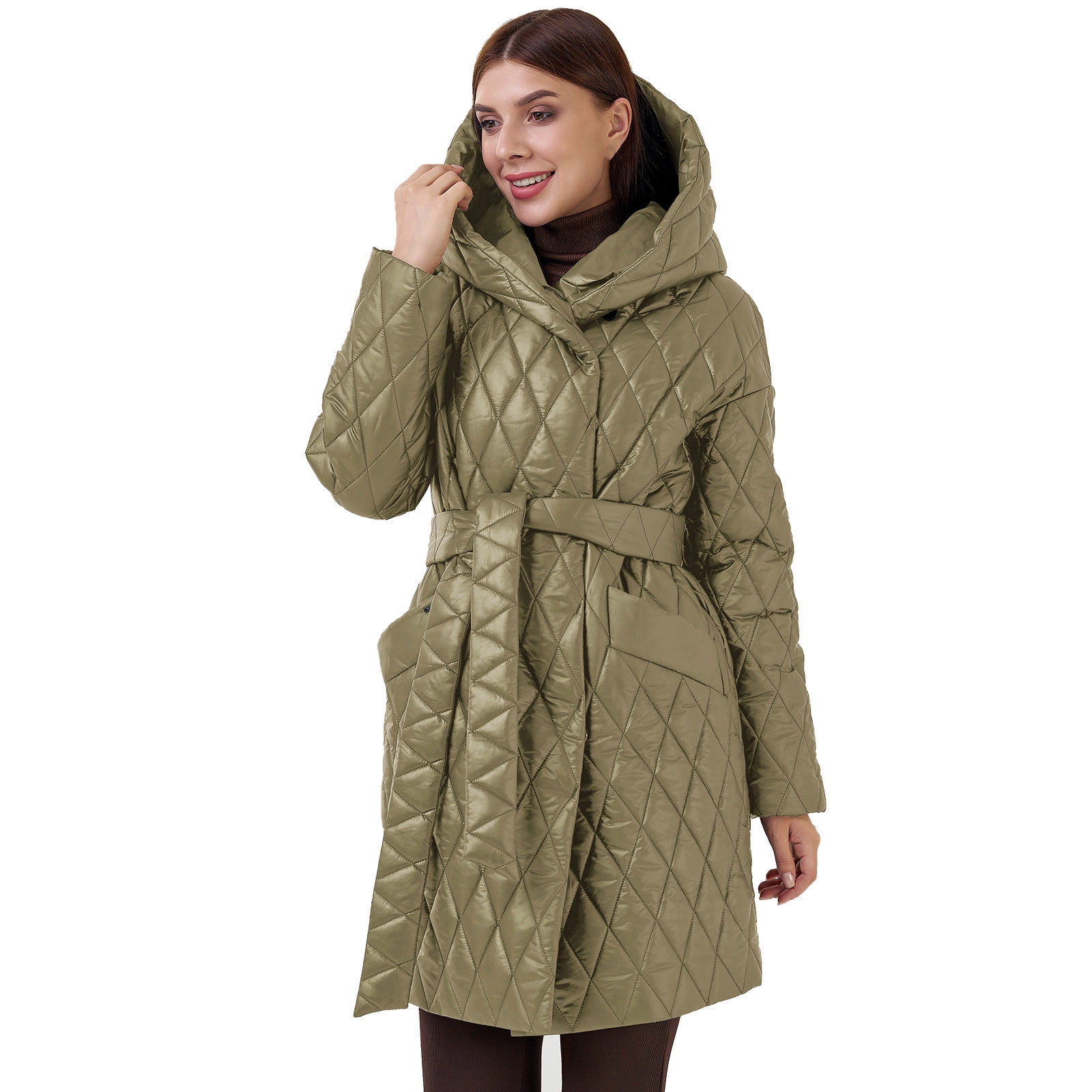 Hfyihgf Women Button Quilted Long Jacket Coat Winter Fashion Belted  Removable Padded Hood Puffer Outerwear With Pockets（Army Green,M) 