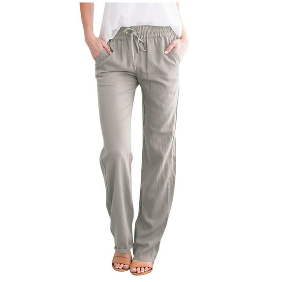 Hfyihgf Women Casual Cotton Linen Pants Straight Leg Pants High Waisted Beach Trousers Drawstring Relaxed Fit Sweatpants with Pockets(Gray,XXL)