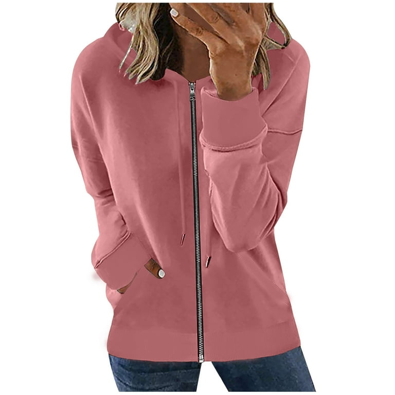 Hfyihgf Women Casual Full Zip Up Hoodie Comfy Loose Solid Sweatshirts Coat  Lightweight Thin Long Sleeve Jacket with Pockets(Pink,M) 