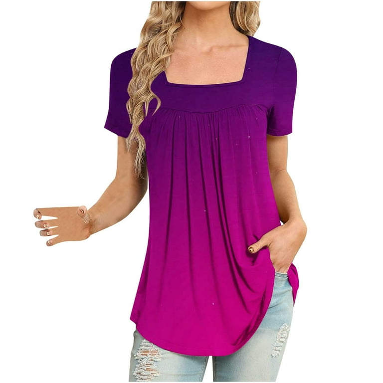  Womens Tops Hide Belly Tunic Square Neck Pleated