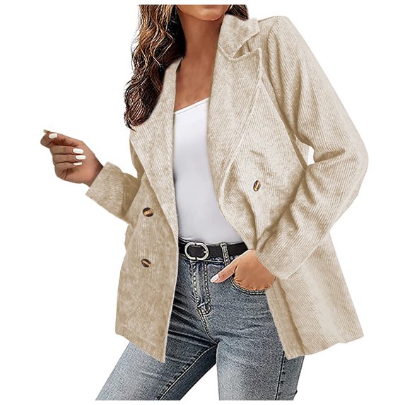Hfyihgf Women Double Breasted Corduroy Suit Jacket Long Sleeve Notch Lapel Blazer Ladies Elegant Work Office Casual Boyfriend Suit Coat(Beige,XL)