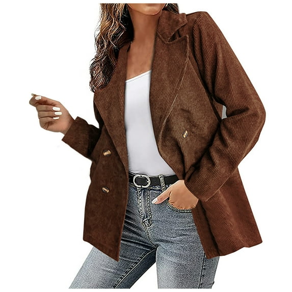 Hfyihgf Women Double Breasted Corduroy Suit Jacket Long Sleeve Notch Lapel Blazer Ladies Elegant Work Office Casual Boyfriend Suit Coat(Brown,L)