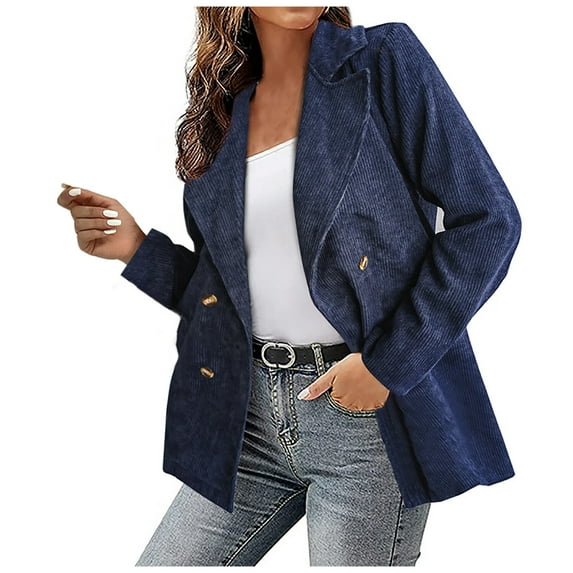 Hfyihgf Women Double Breasted Corduroy Suit Jacket Long Sleeve Notch Lapel Blazer Ladies Elegant Work Office Casual Boyfriend Suit Coat(Navy,S)