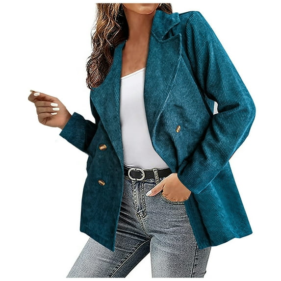 Hfyihgf Women Double Breasted Corduroy Suit Jacket Long Sleeve Notch Lapel Blazer Ladies Elegant Work Office Casual Boyfriend Suit Coat(Sky Blue,M)