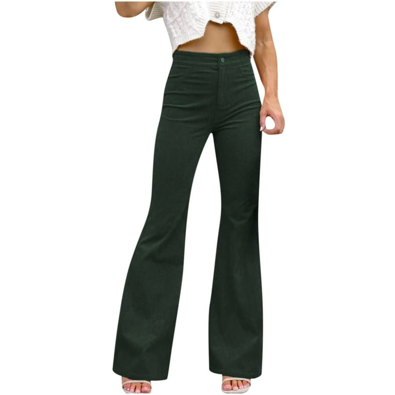 Hfyihgf Women Elegant Corduroy Flare Pants Elastic High Waist Vintage Bell  Bottom Trousers with Pockets(Army Green,S)