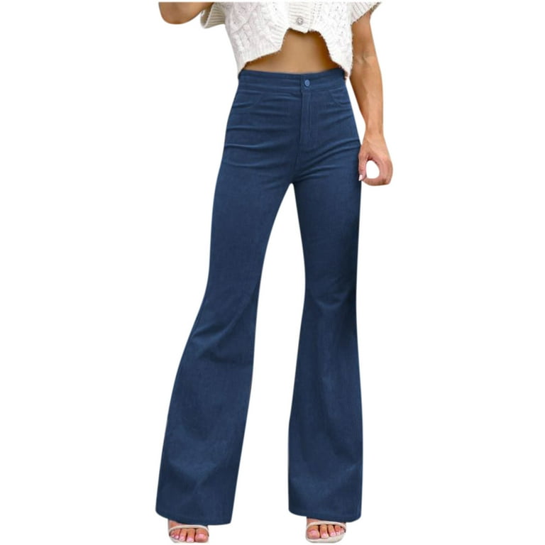 Hfyihgf Women Elegant Corduroy Flare Pants Elastic High Waist Vintage Bell  Bottom Trousers with Pockets(Blue,3XL)