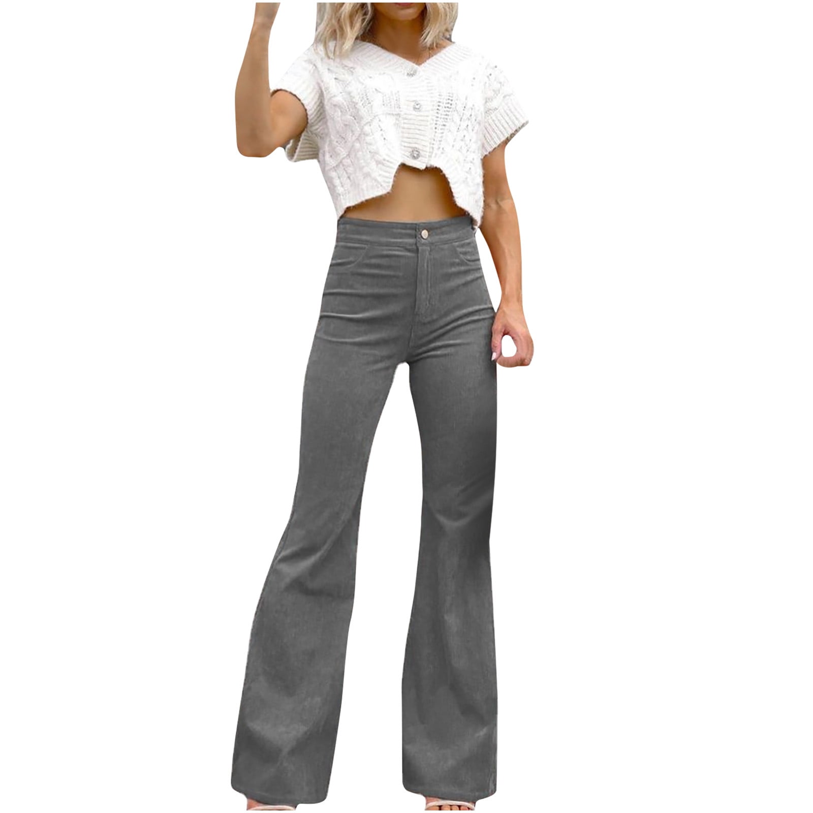 Hfyihgf Women Elegant Corduroy Flare Pants Elastic High Waist Vintage Bell  Bottom Trousers with Pockets(Gray,3XL)