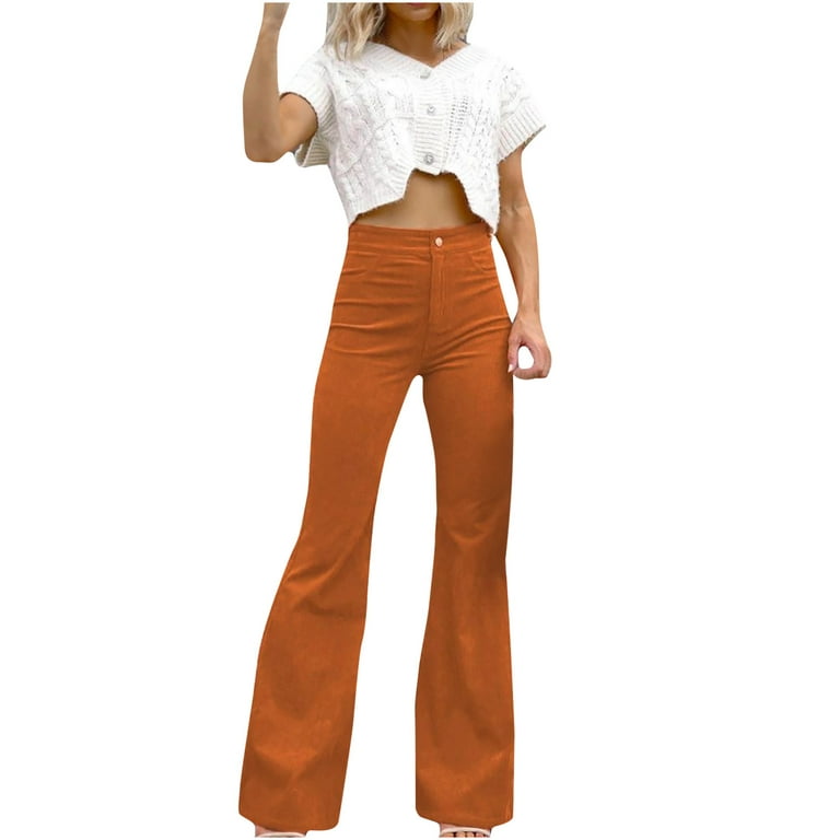 Hfyihgf Women Elegant Corduroy Flare Pants Elastic High Waist Vintage Bell  Bottom Trousers with Pockets(Orange,S)