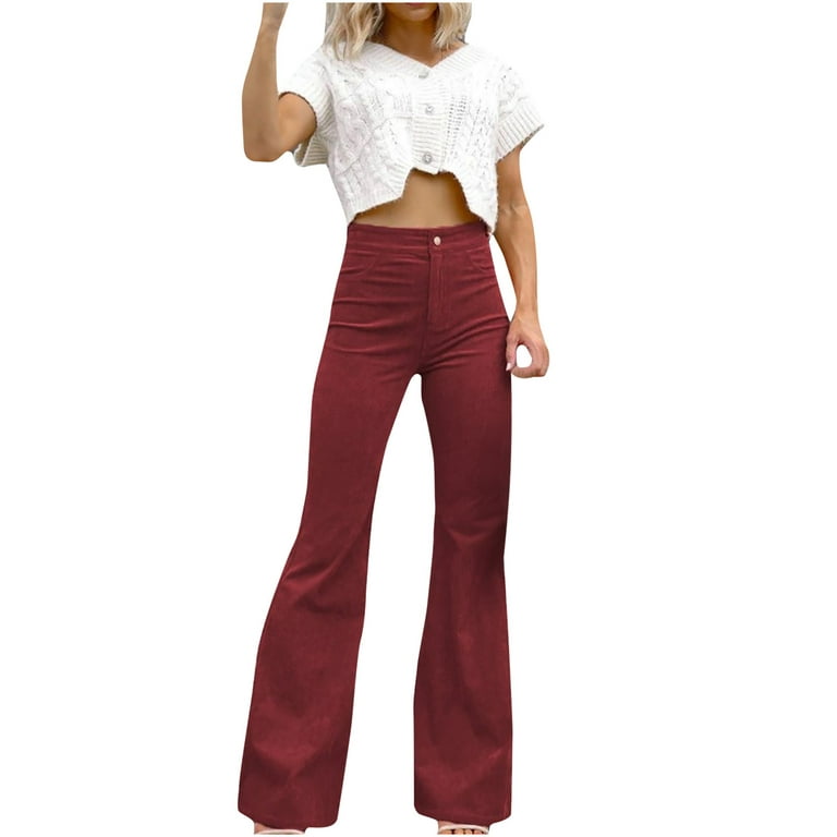 Hfyihgf Women Elegant Corduroy Flare Pants Elastic High Waist Vintage Bell  Bottom Trousers with Pockets(Wine,XL)