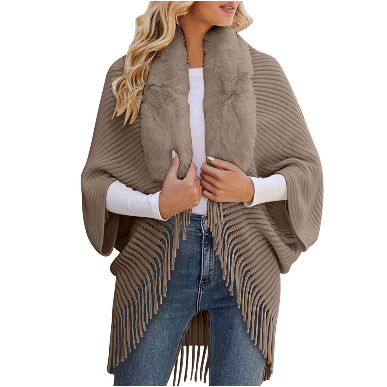 Faux Fur Collar Shawl - Light Grey