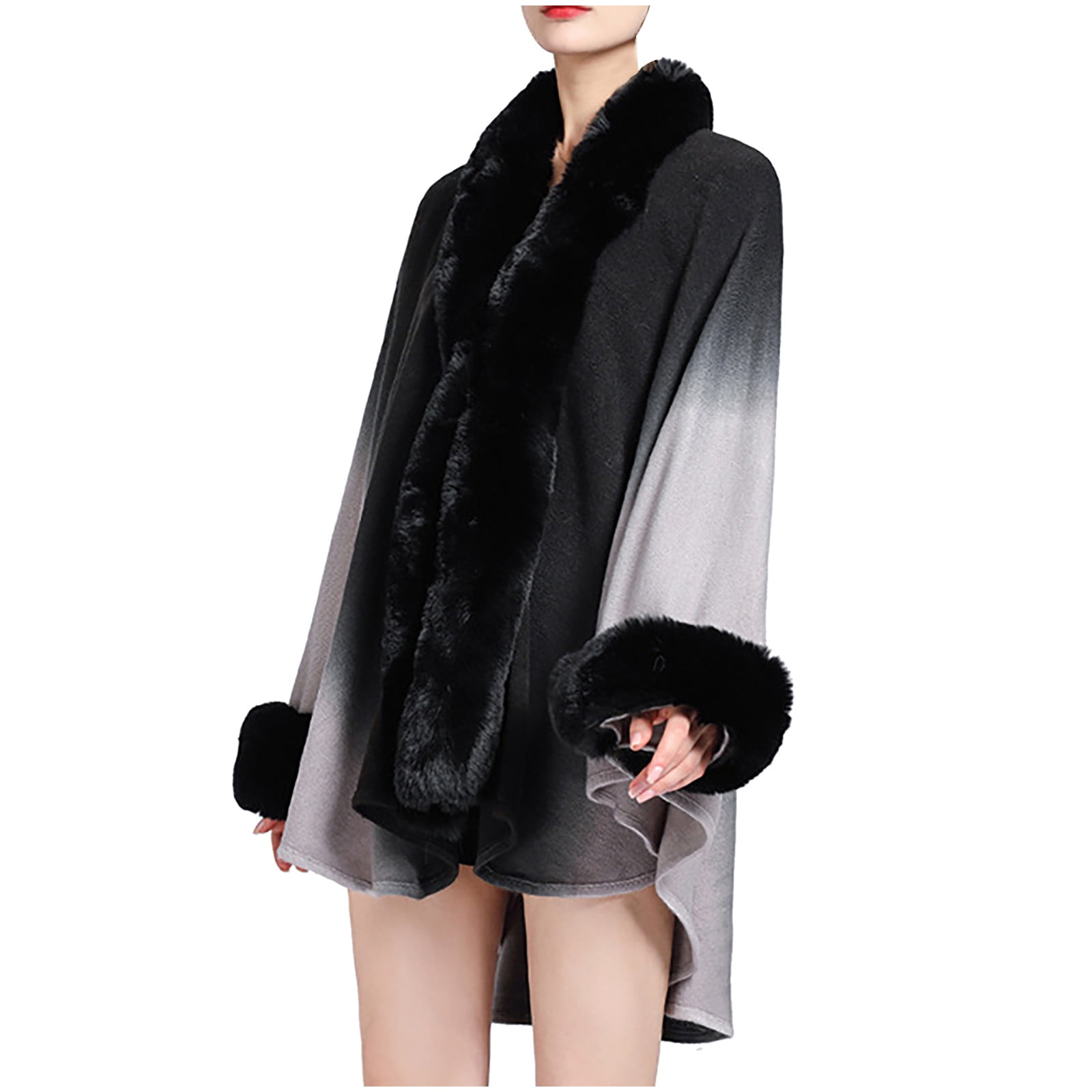 Hfyihgf Women Fine Knit Open Front Faux Fur Trim Layers Poncho