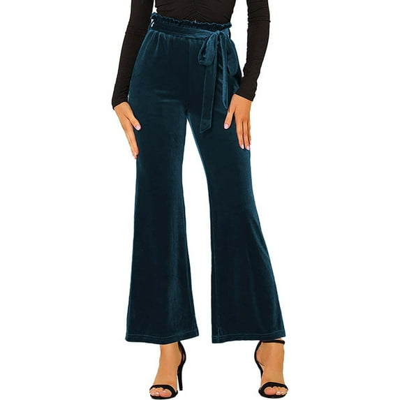 Hfyihgf Women High Waist Velvet Pants Casual Bow-Knot Belt Stretch Wide Leg Long Palazzo Pants Trousers Regular Size(Navy,S)