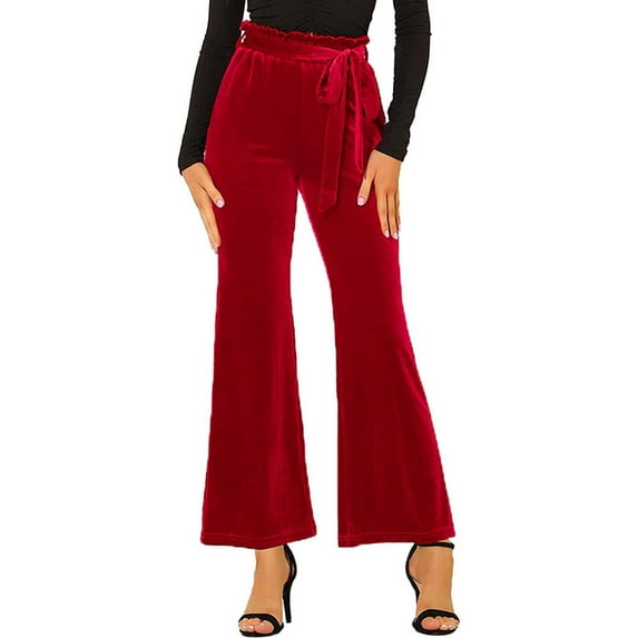 Hfyihgf Women High Waist Velvet Pants Casual Bow-Knot Belt Stretch Wide Leg Long Palazzo Pants Trousers Regular Size(Red,S)