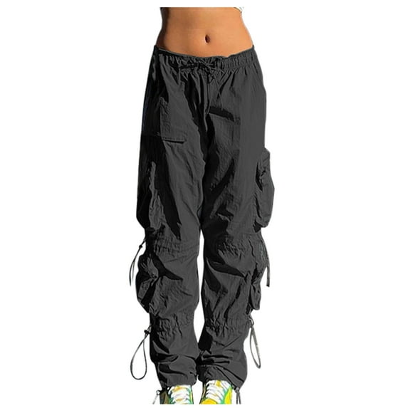 Hfyihgf Women Low Waist Baggy Cargo Pants with Multi-Pockets Drawstring Loose Jogger Trousers Hippie Punk Streetwear(Black,L)