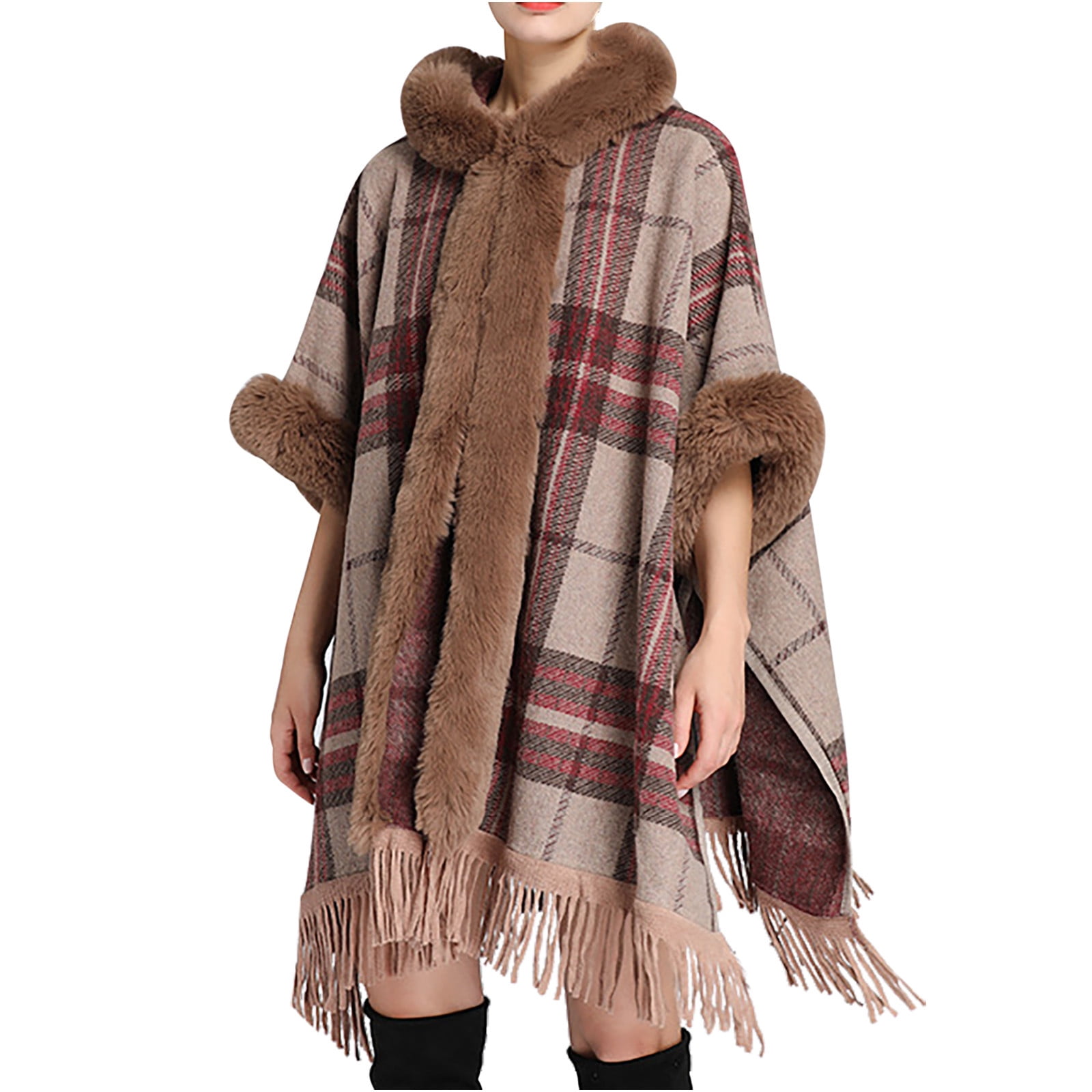 Hfyihgf Women Plaid Faux Fur Trim Poncho Plaid Cozy Wool Blend