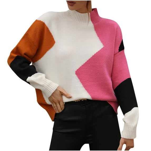 Hfyihgf Women Pullover Sweater Mock Turtleneck Color Block Long Sleeve Loose Casual Knitted Winter Warm Sweaters Jumper Tops Hot Pink S