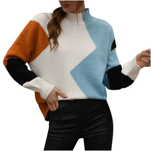 Hfyihgf Women Pullover Sweater Mock Turtleneck Color Block Long Sleeve Loose Casual Knitted Winter Warm Sweaters Jumper Tops Light Blue M