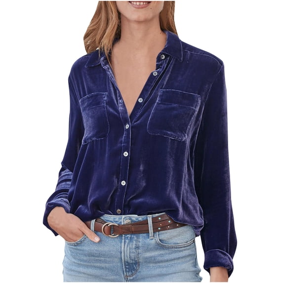 Hfyihgf Women Retro Velvet Button Down Shirts Long Sleeve Lapel Solid Color Loose Work Office Ladies Pockets Blouse Tops Purple S