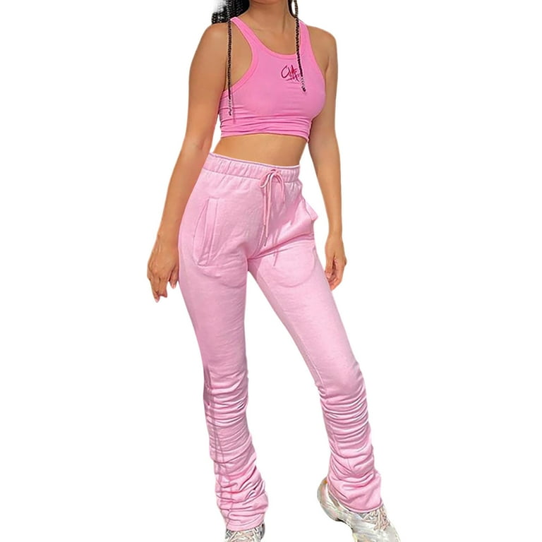 Hfyihgf Women Ruched Cargo Pants High Waist Straight Leg Baggy Draestring Sweatpants Solid Color Stacked Trousers with Pockets Pink XXL Walmart