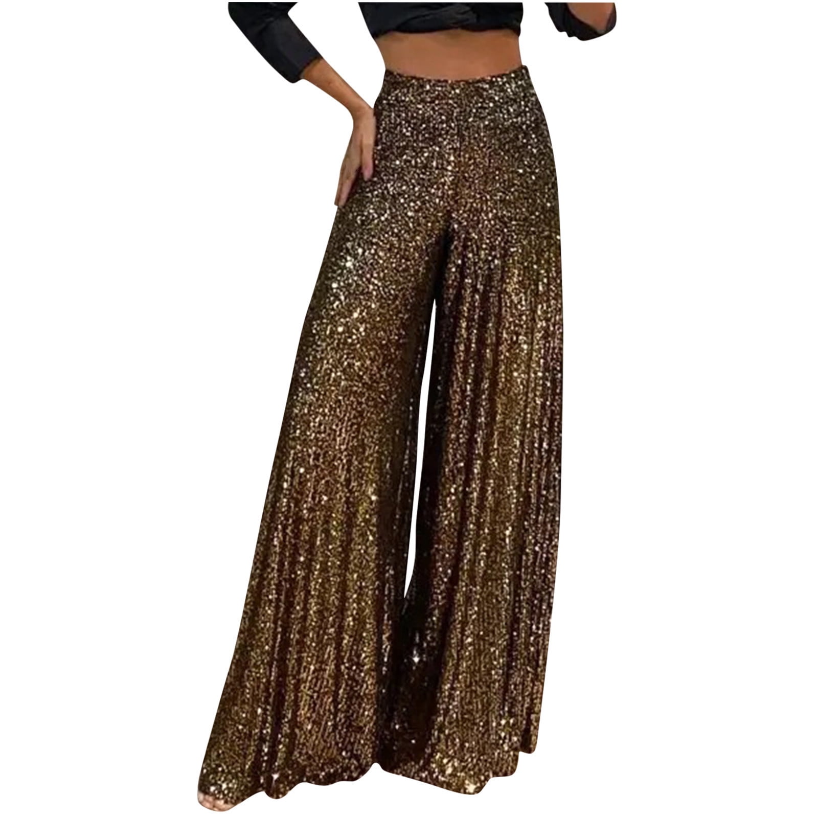 Hfyihgf Women Sequin Pants Sparkly Glitter High Waisted Wide Leg Flare