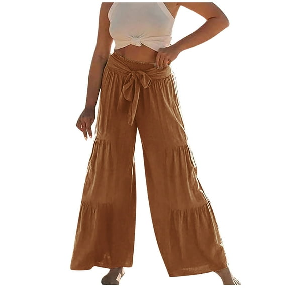 Hfyihgf Women Summer High Waisted Cotton Linen Pants Lace-Up Smocked Beach Pant Long Bell Bottom Casual Ruffle Tiered Trousers(Khaki,L)