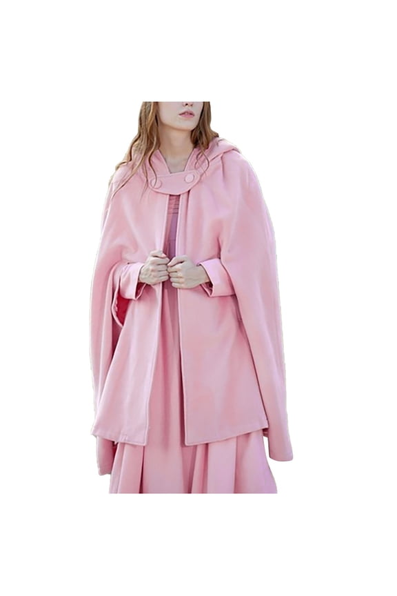 Women Trench Coat Gothic Hooded Open Cape Outwear Winter Wool Blend Loose Warm Short Poncho Cloak Jacket Pink XL