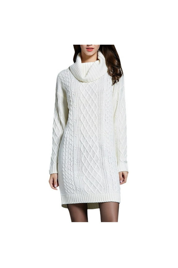Women Turtleneck Cable Knit Sweater Dress Casual Winter Warm Loose Long Sleeve Mini Pullover Dresses White XXL