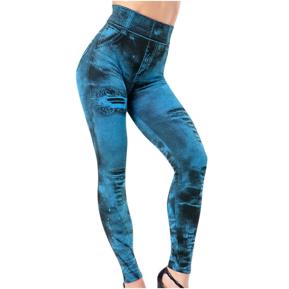 Hfyihgf Women Yoga Leggings with Pockets High Waist Compression Tummy Control Workout Running Gym Printed Pants(Light Blue,S)