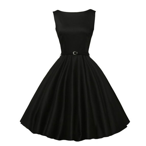 Hfyihgf Women's 1950s Vintage Rockabilly Sleeveless Cocktail Swing Dress Retro Audrey Hepburn Flared Skater Prom Dress(Black,L)