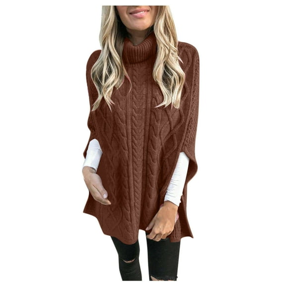 Hfyihgf Women's 2023 Fall Winter Turtleneck Poncho Sweater Fashion Chunky Cable Knit Cape Wrap Sweaters Oversized Pullover Jumper Tops(Brown,S)