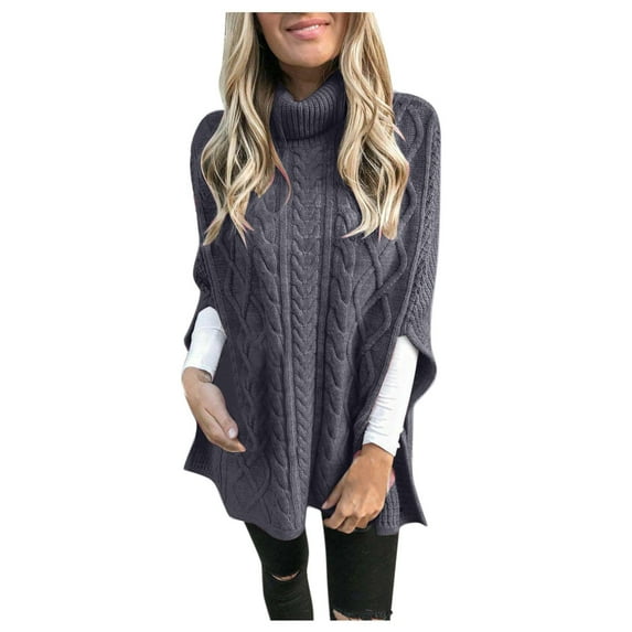 Hfyihgf Women's 2023 Fall Winter Turtleneck Poncho Sweater Fashion Chunky Cable Knit Cape Wrap Sweaters Oversized Pullover Jumper Tops(Dark Gray,S)