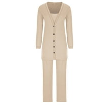 Hfyihgf Women's 3 Piece Outfits Sweatsuit Ribbed Knit Button Down Sweater Jackets Tank Tops Wide Legs Pants Lounge Sets Beige M