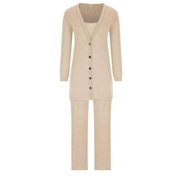 Hfyihgf Women's 3 Piece Outfits Sweatsuit Ribbed Knit Button Down Sweater Jackets Tank Tops Wide Legs Pants Lounge Sets Beige S
