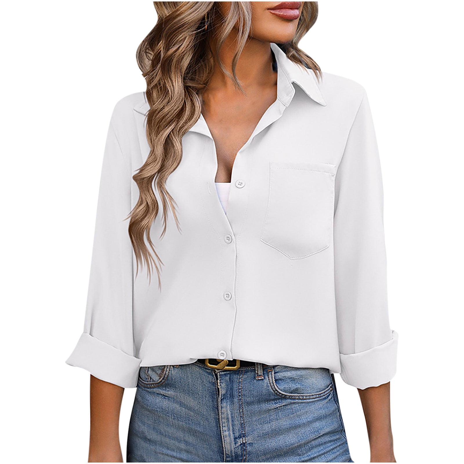 Hfyihgf Women's Button Down Shirts Long Sleeve Dress Shirts Wrinkle-Free  Collared Work Office Solid Blouses Tops with Pocket(White,XXL) - Walmart.com