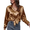 thumbnail image 1 of Hfyihgf Women's Button Down V Neck Shirts Satin Silky Long Sleeve Office Work Blouse Elegant Business Plain Tunic Tops(Brown,S), 1 of 6