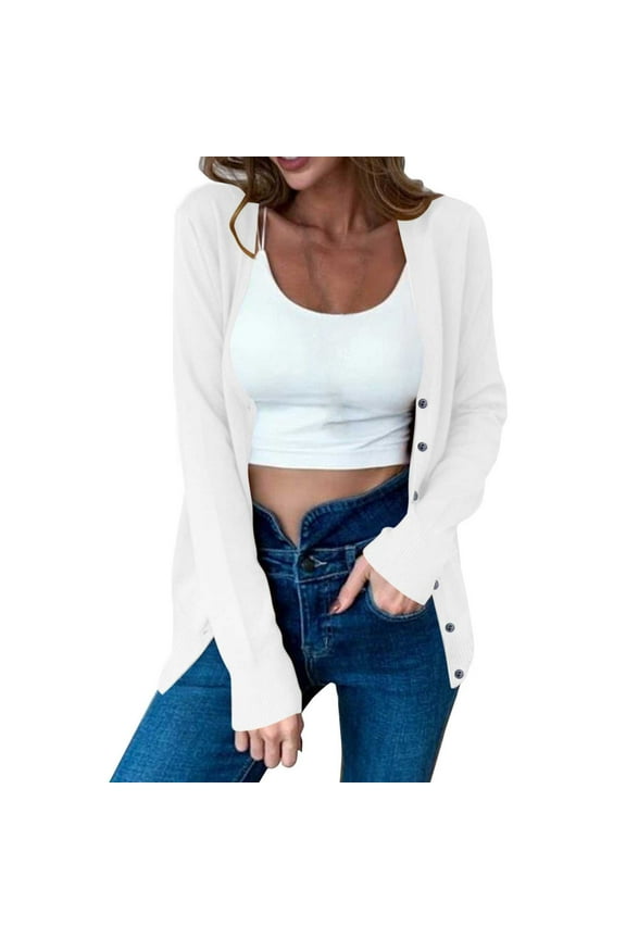Women's Cardigans Lightweight Button Down Long Sleeve Casual V-Neck Soft Knit Fall Cardigan Sweater Tops(White,S)