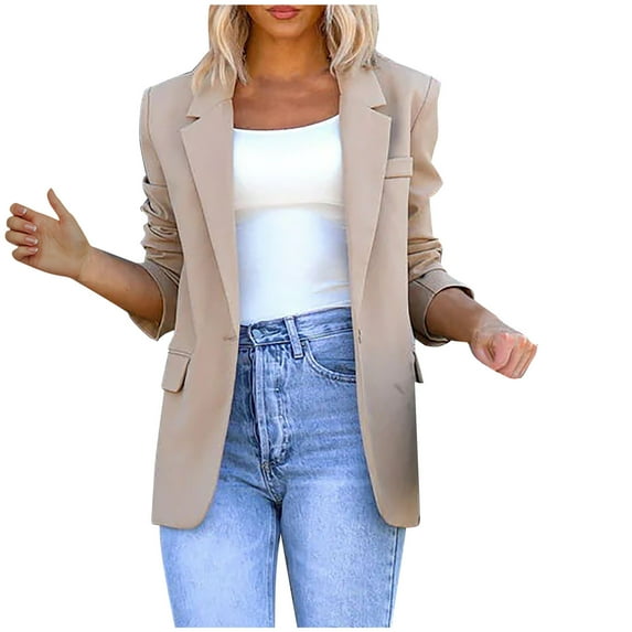 Hfyihgf Women's Casual Blazers Long Sleeve Open Front Business Work Office Slim Fit Suit Jackets with Pockets(Beige,M)