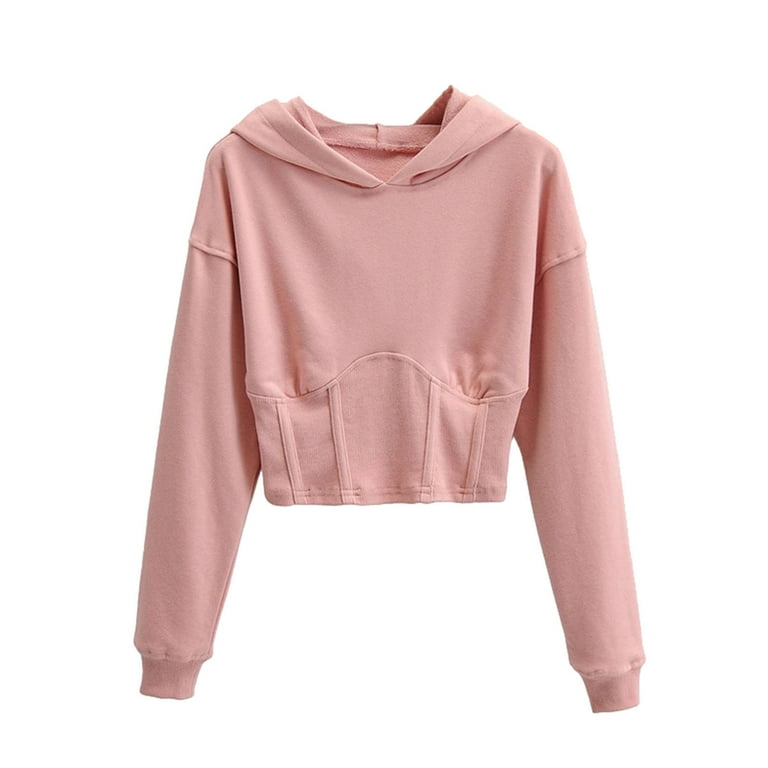 Hfyihgf Women s Casual Cropped Hoodie with Hood Long Sleeves Lightweight Sweatshirts Cute Pullover Corset Hem Workout Crop Tops Pink M Walmart