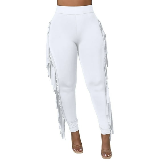 Hfyihgf Women's Casual High Waist Fringed Pants Elastic Waist Bodycon Pants Tassels Side Long Pants Jogger Sweatpant(White,L)