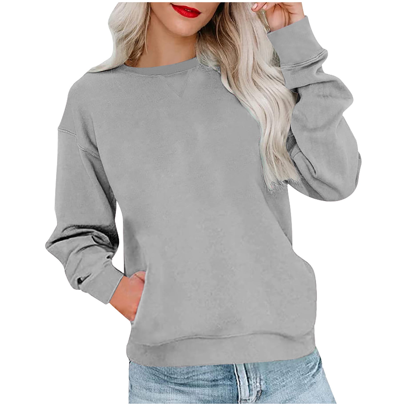 Hfyihgf Women's Casual Long Sleeve Solid Color Tops Crewneck Sweatshirts  Cute Loose Fit Pullovers With Pockets(Gray,XL)