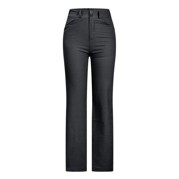 Hfyihgf Women's Casual Straight Leg High Waisted Long Pants Button Down Slim Fit Solid Color Office Work Trousers(Black,L)
