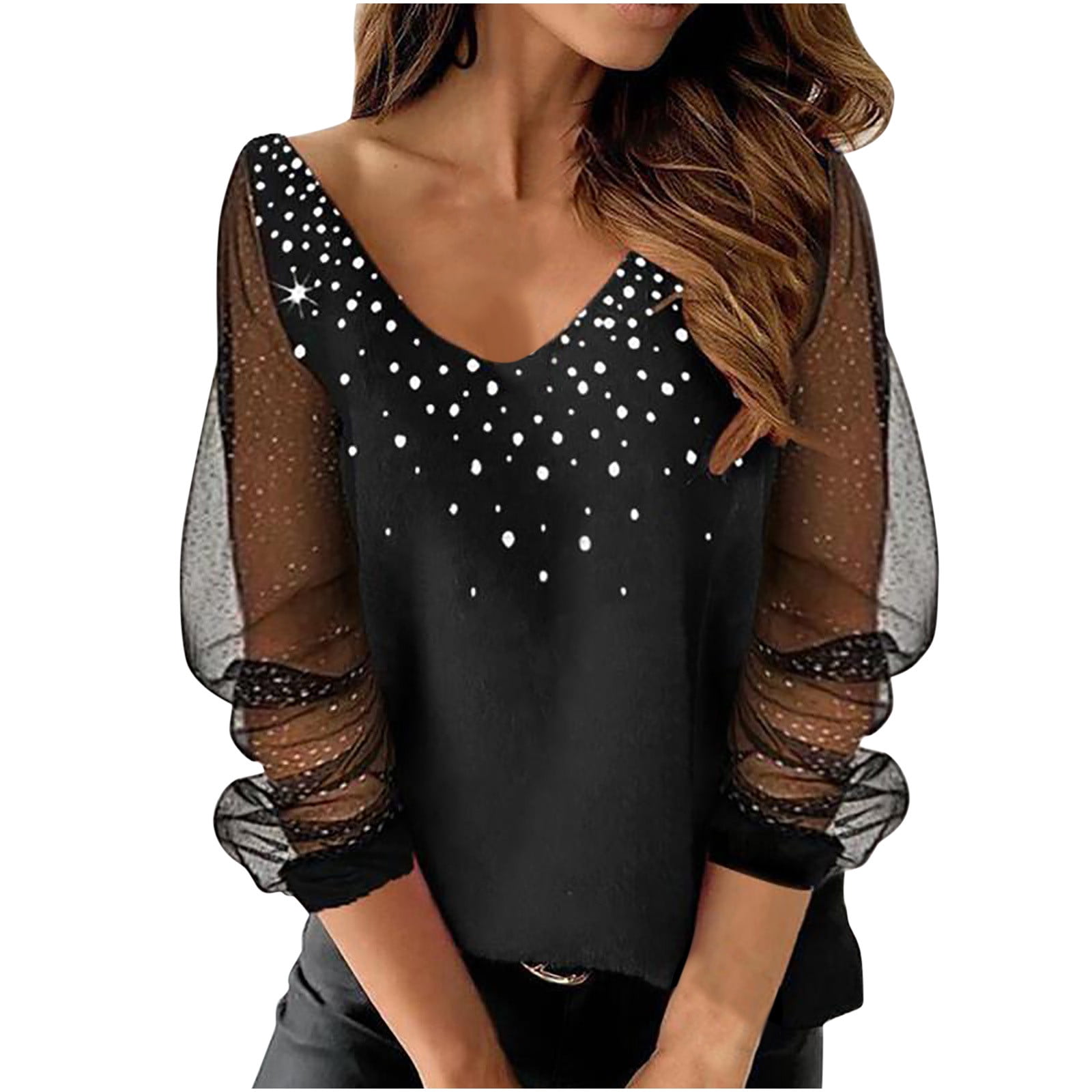 Hfyihgf Women's Casual V Neck Tops Long Sleeve T Shirts Sequin Sheer Mesh  Patchwork Blouses and Tops Club Outfits（Heart Black,L) 